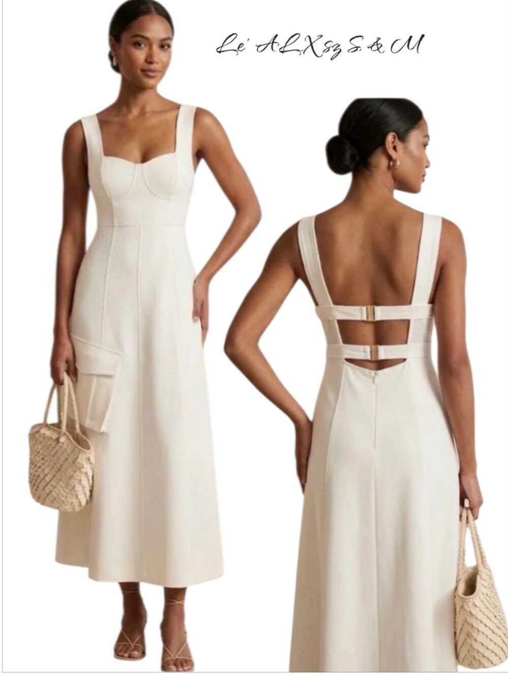 le'AL.X Ivory Structured Cut Out Open Back Twill Midi Dress